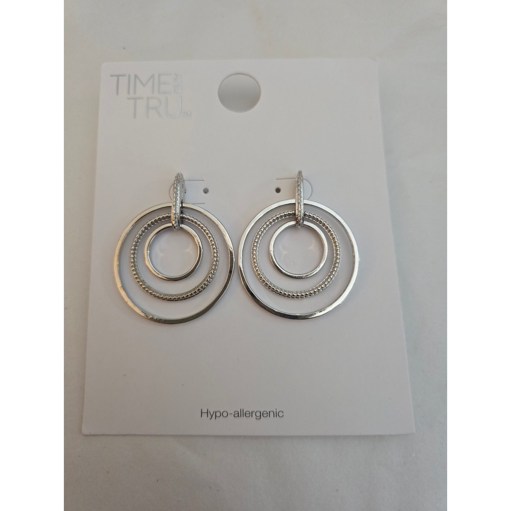 Time and Tru Silver Tone Triple Hoop Drop Earrings Hypoallergenic Textured New